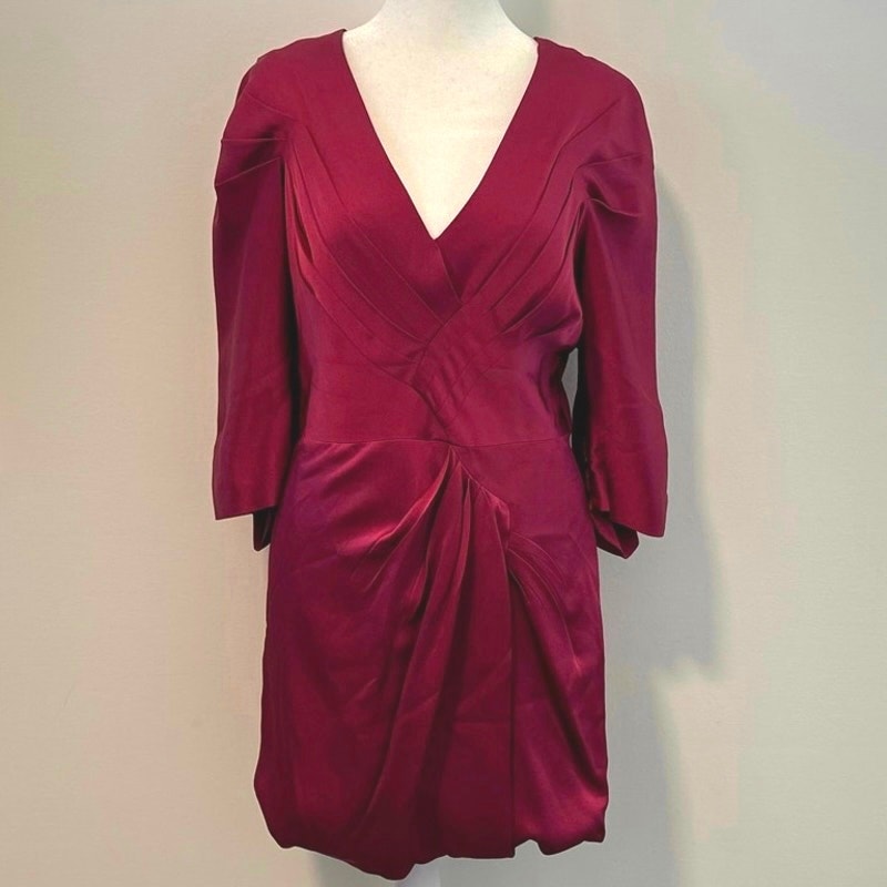 Bcbgmaxazria Runway Berry Pink Pleated V-Neck Mini Dress